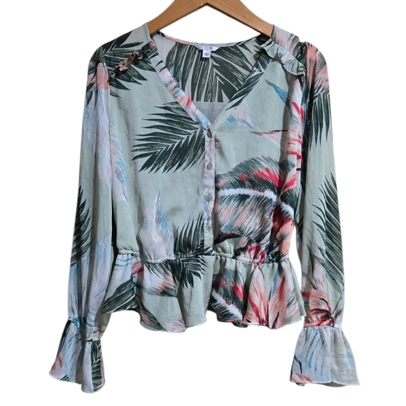 Guess Women's Size Small Tropical Print Green Blouse - Picture 2 of 5